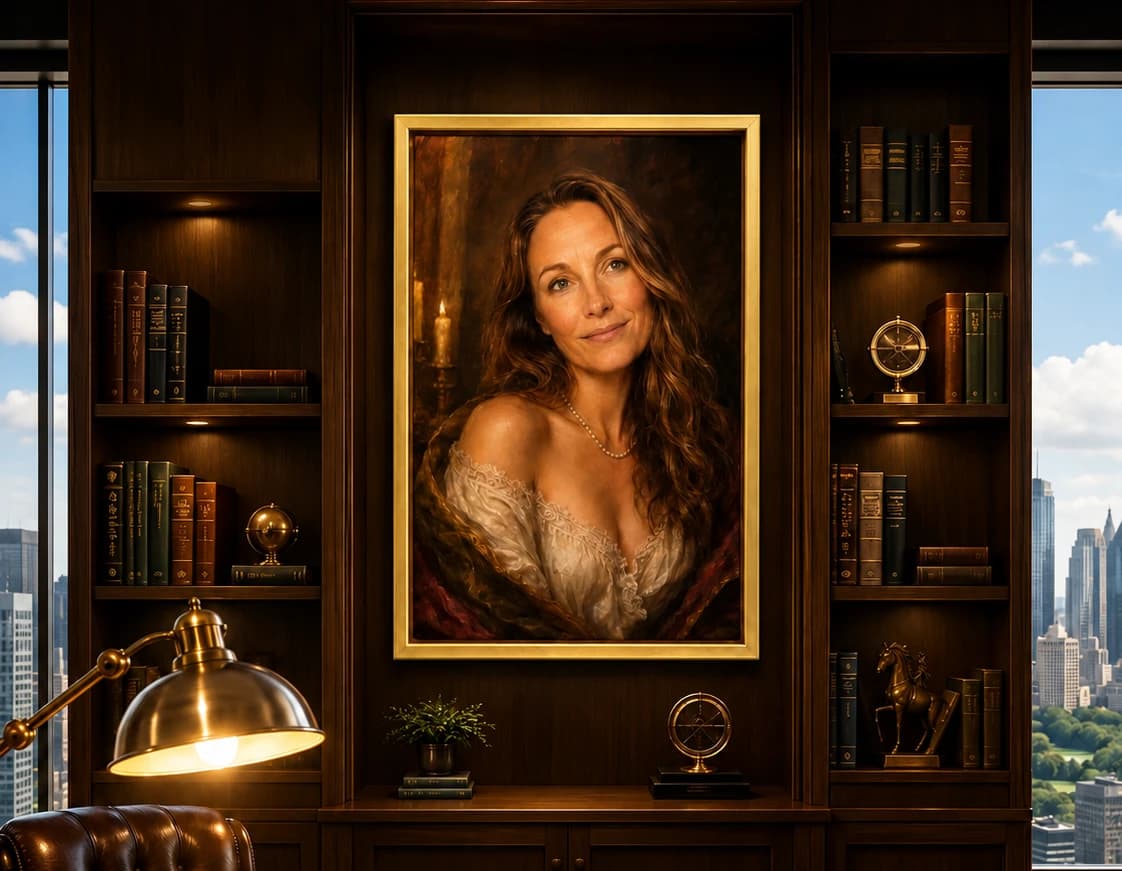 Timeless framed portrait hanging in warm golden light, symbolising permanence